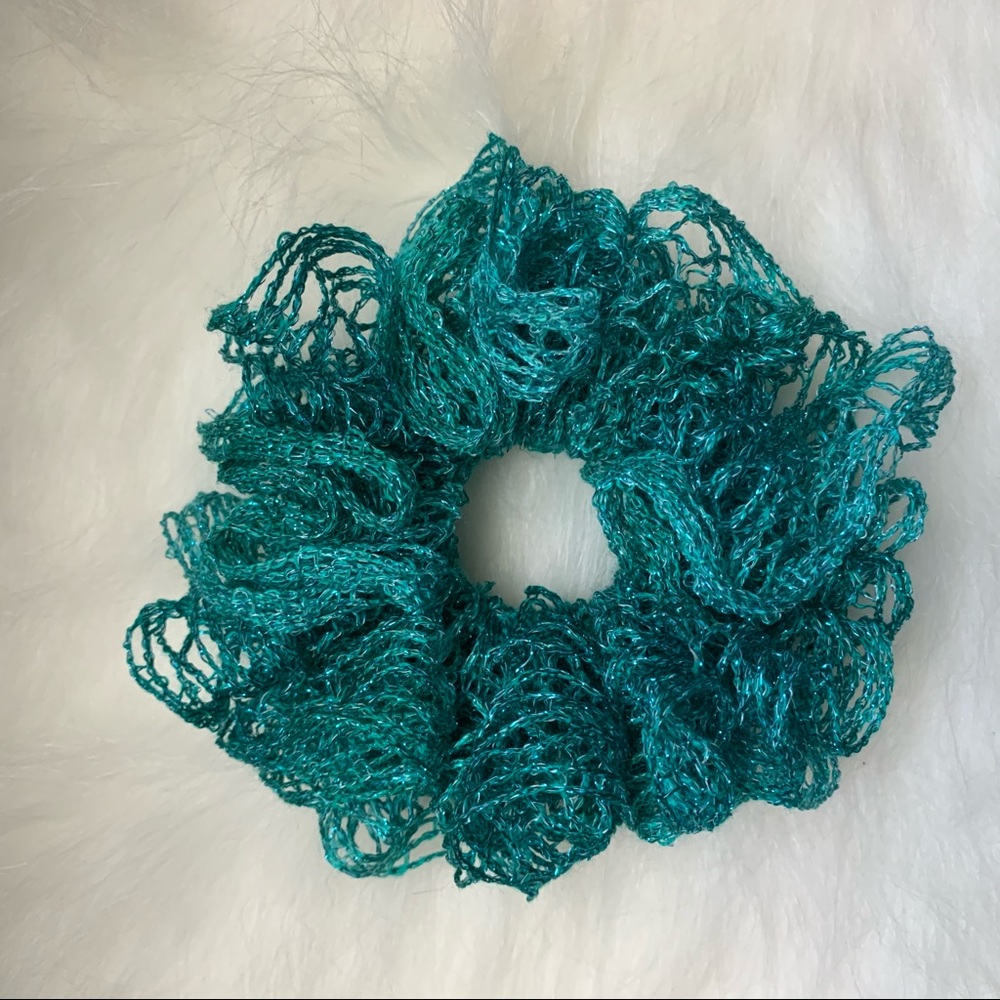 BOGO teal metallic fishnet crocheted scrunchie
